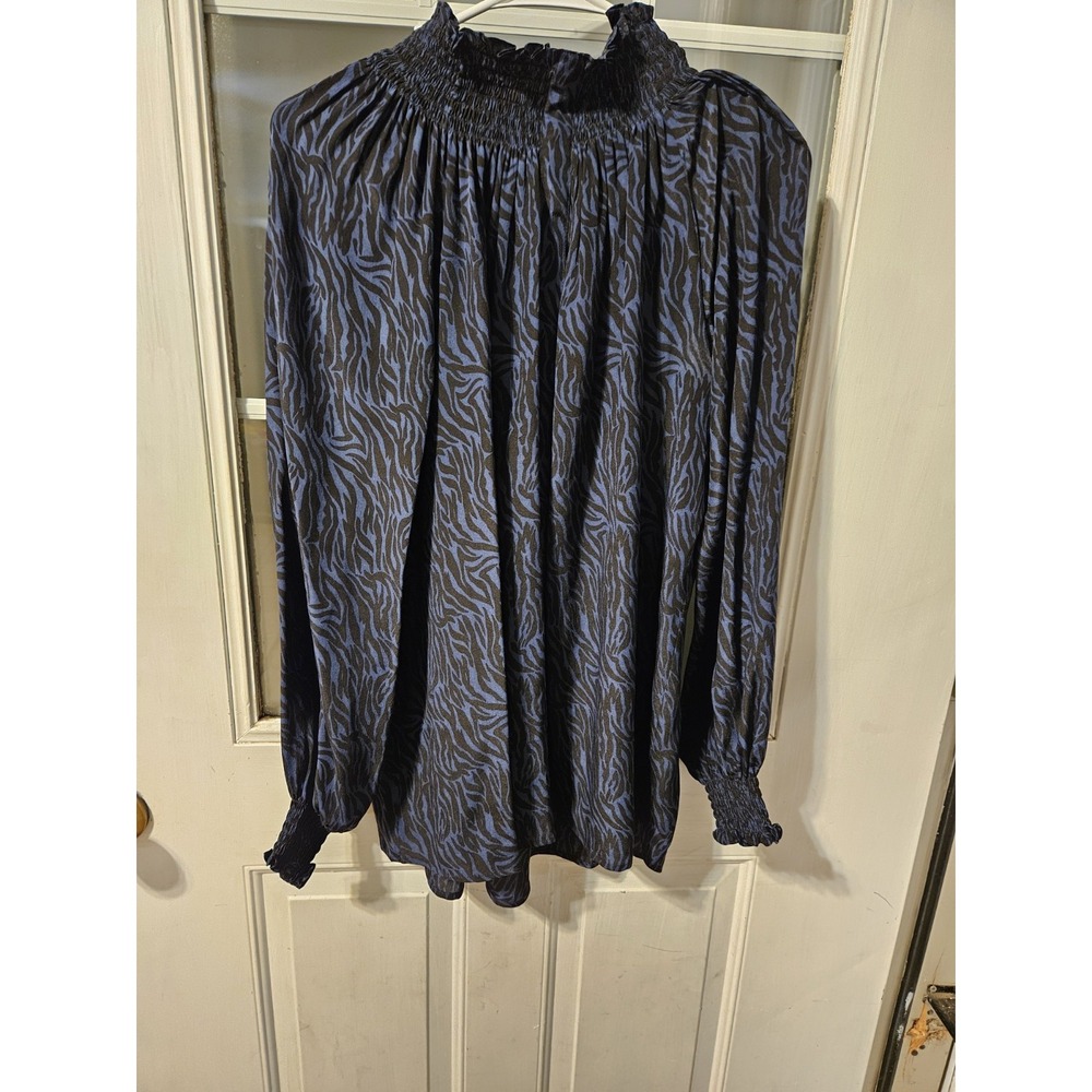 Rungolee Zebra Blouse Smocked High Neck Cuff Blue Black Gothic Modest Medium